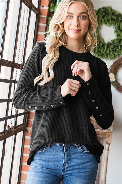 HM-ET6845-10-BK-LONG SLEEVE ROUND NECK SOLID WAFFLE TOP WITH STITCH DETAIL-BLACK-2-2-2