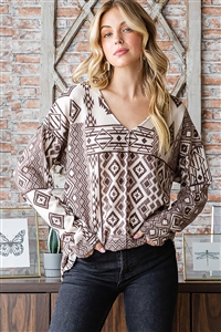 HM-ET6849-23-BR-LONG SLEEVE V NECK AZTEC PRINT TOP WITH STITCH DETAIL
-BROWN-2-2-2