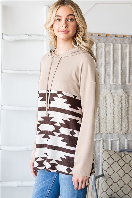 HM-ET6858-10-TP-LONG SLEEVE DRAWSTRING HOOD SOLID AND AZTEC PRINT CONTRAST HOODIE-TAUPE-2-2-2