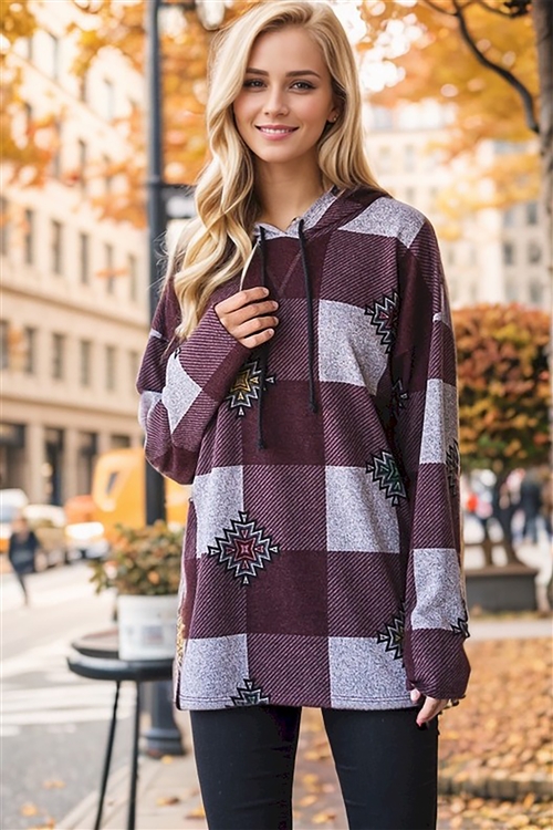 HM-ET6867-13-BUMLT-LONG SLEEVE DRAWSTRING HOOD MULTI COLOR AZTEC PRINT TOP WITH SIDE SLIT DETAIL-BURGUNDY MULTI-2-2-2