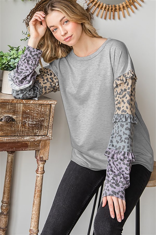 HM-ET6877-10-HGY-LONG PUFF SLEEVE ROUND NECK SOLID COLOR BLOCK & ANIMAL PRINT CONTRAST TOP-H GREY-2-2-2