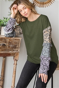 HM-ET6877-10-OV-LONG PUFF SLEEVE ROUND NECK SOLID COLOR BLOCK & ANIMAL PRINT CONTRAST TOP-OLIVE-2-2-2