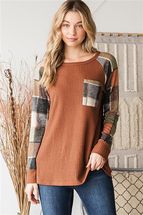 HM-ET6884-10-RU-LONG SLEEVE ROUND NECK SOLID WAFFLE AND PLAID PRINT CONTRAST TOP-RUST-2-2-2