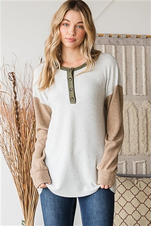 HM-ET6885-10-LTHGY-LONG PUFF SLEEVE ROUND NECK SOLID COLOR BLOCK CONTRAST TOP WITH FRONT BUTTON DETAIL-LT H GREY-2-2-2