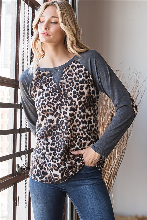 HM-ET6911-15-BR-LONG SLEEVE ROUND NECK SOLID AND ANIMAL LEOPARD PRINT CONTRAST TOP WITH STITCH-BROWN-2-2-2