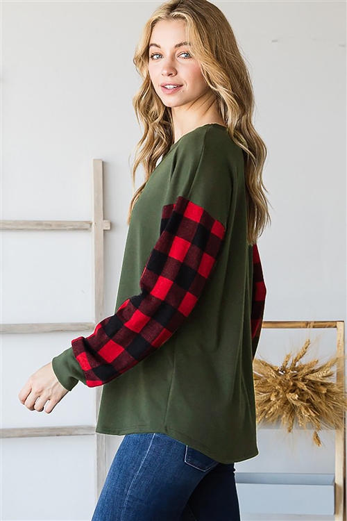 HM-ET6917-10-OV-LONG PUFF SLEEVE KEYHOLE NECK SOLID AND PLAID PRINT CONTRAST TOP-OLIVE-2-2-2