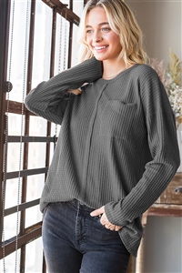 HM-ET6937-10-CHLGY-LONG SLEEVE ROUND NECK SOLID WAFFLE TOP WITH FRONT POCKET AND STITCH DETAIL-CHARCOAL GREY-2-2-2