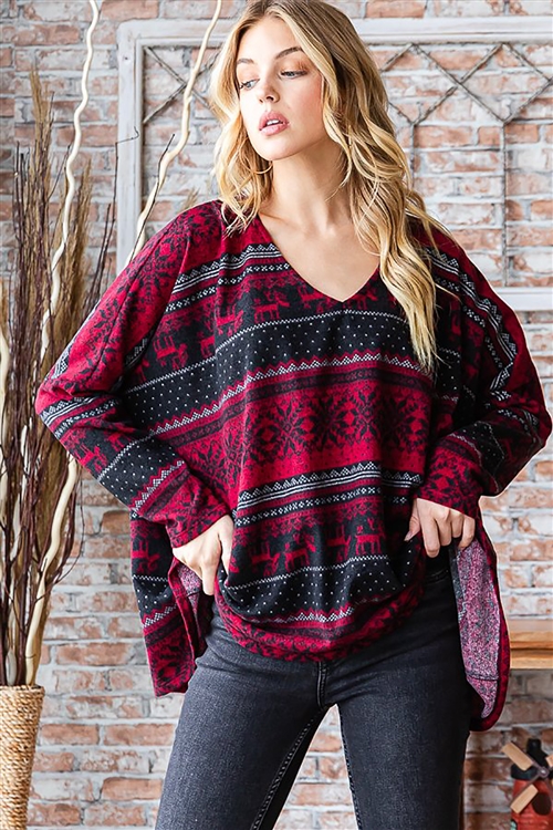 HM-ET6943-18-BUBK-LONG DOLMAN SLEEVE V NECK CHRISTMAS PRINT TOP-BURGUNDY/BLACK-2-2-2