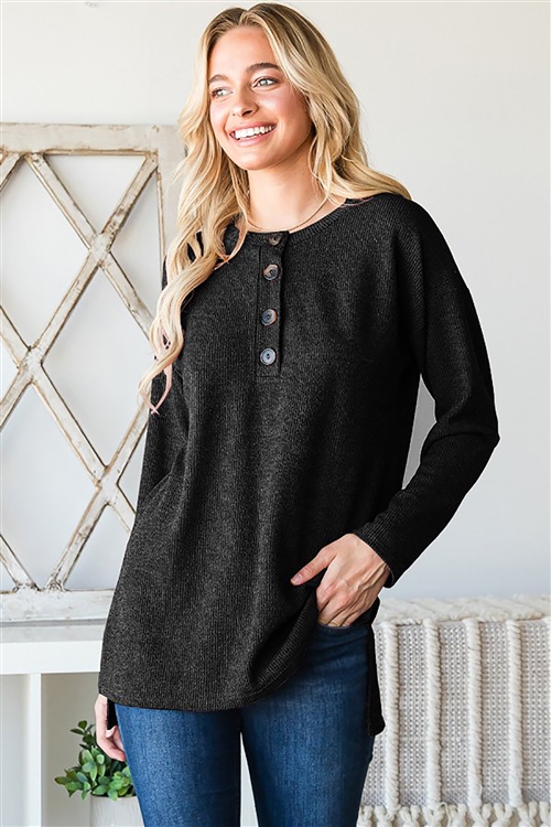 HM-ET6945-10-BK-LONG SLEEVE ROUND NECK SOLID TOP WITH FRONT BUTTON AND SIDE SLIT DETAIL-BLACK-2-2-2