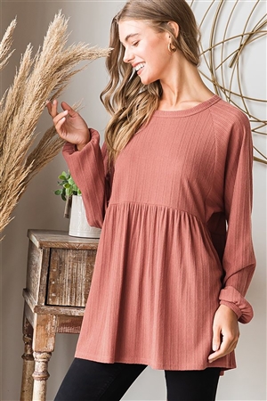 HM-ET6955-10-RU-LONG PUFF SLEEVE ROUND NECK SOLID RIBBED BABYDOLL TOP WITH SHIRRING DETAIL-RUST-2-2-2