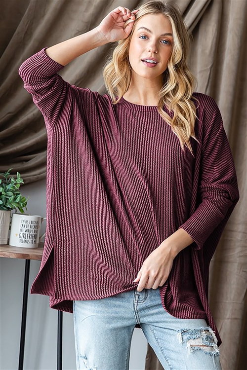 HM-ET6960-11-BU-LONG SLEEVE ROUND NECK SOLID URBAN RIBBED TOP WITH SIDE SLIT AND DRAPED DETAIL-BURGUNDY-2-2-2