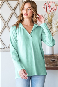 HM-ET6969-11X-MNT-PLUS SIZE LONG SLEEVE MANDARIN COLLAR SOLID RIBBED TOP-MINT-2-2-2