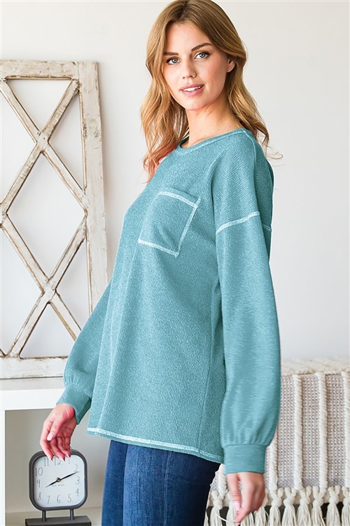 HM-ET6985-10X-AQ-PLUS SIZE LONG PUFF SLEEVE ROUND NECK SOLID TOP WITH STITCH DETAIL-AQUA-2-2-2