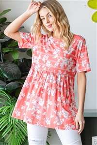 S35-1-1-HM-ET7060-16-CO - SHORT SLEEVE ROUND NECK FLORAL PRINT BABYDOLL TOP- CORAL 2-2-2