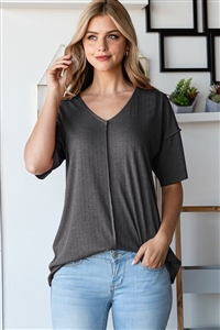 S35-1-1-HM-ET7062-13-CHLGY - SHORT SLEEVE V NECK SOLID TOP- CHARCOAL GREY 2-2-2