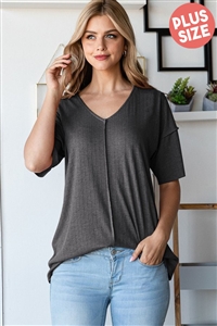 S35-1-1-HM-ET7062-13X-CHLGY - PLUS SIZE SHORT SLEEVE V NECK SOLID TOP- CHARCOAL GREY 2-2-2