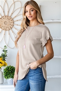 S35-1-1-HM-ET7070-10-LTTP - RUFFLED ROUND NECK SOLID SMOCKING TOP AND SIDE SLIT- LT TAUPE 2-2-2