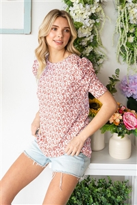 S35-1-1-HM-ET7082-14-MV - RUCHED PUFF SHORT SLEEVE ROUND NECK DITSY FLORAL PRINT - MAUVE 2-2-2