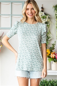 S35-1-1-HM-ET7082-14-SG - RUCHED PUFF SHORT SLEEVE ROUND NECK DITSY FLORAL PRINT - SAGE 2-2-2