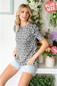 S35-1-1-HM-ET7082-14X-BK - PLUS SIZE RUCHED PUFF SHORT SLEEVE ROUND NECK DITSY FLORAL PRINT - BLACK 2-2-2