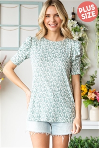 S35-1-1-HM-ET7082-14X-SG - PLUS SIZE RUCHED PUFF SHORT SLEEVE ROUND NECK DITSY FLORAL PRINT - SAGE 2-2-2