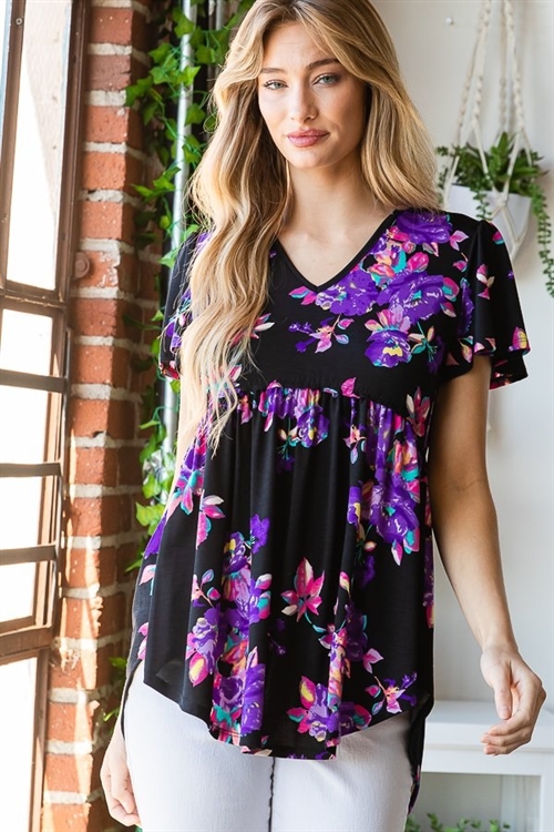 S35-1-1-HM-ET7118-15-BKPPL - BELL SHORT SLEEVE V NECK FLORAL PRINT BABYDOLL TOP- BLACK/PURPLE 2-2-2