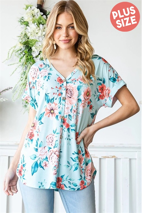 S35-1-1-HM-ET7123-12X-MNT - PLUS SIZE BUTTON AND DOLPHIN HEM DETAIL FLORAL PRINT TOP- MINT 2-2-2