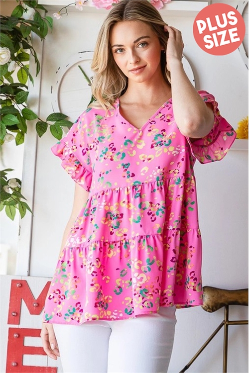 S35-1-1-HM-ET7124-15X-FCH - PLUS SIZE RUFFLED V-NECK FLORAL PRINT TIERED TOP- FUCHSIA 2-2-2