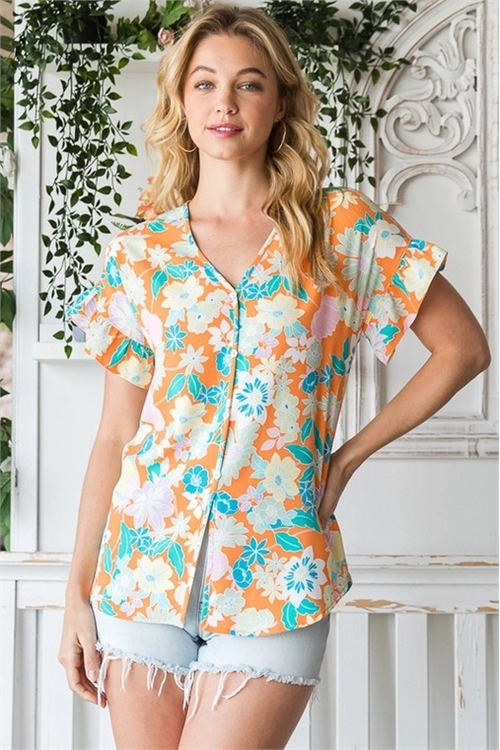 S35-1-1-HM-ET7125-15-ORGMLT - BUTTON DETAIL V-NECK FLORAL TOP- ORANGE MULTI 2-2-2