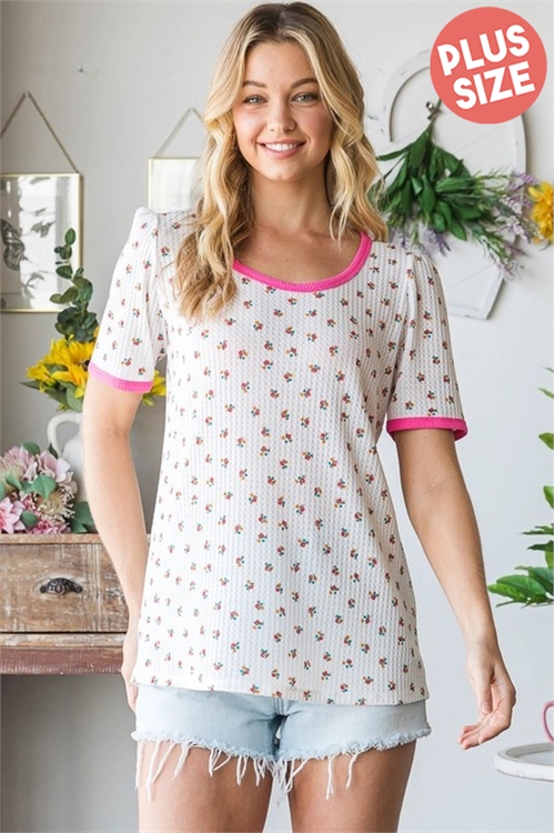 S35-1-1-HM-ET7144-15X-IVMLT - PLUS SIZE DITSY FLORAL PRINT CONTRAST TOP- IVORY MULTI 2-2-2