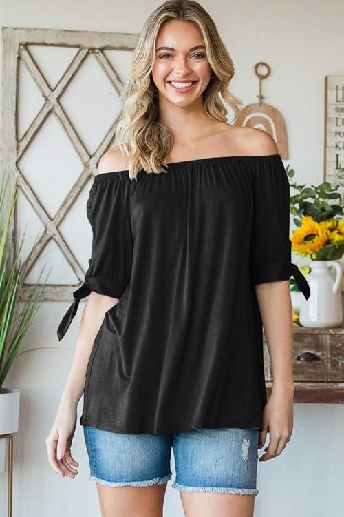 S35-1-1-HM-ET7168S-BK - OFF SHOULDER WITH SHORT SLEEVE WITH SELF TIE SOLID TOP- BLACK 2-2-2