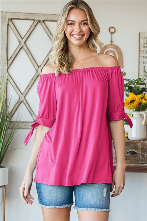 S35-1-1-HM-ET7168S-FCH - OFF SHOULDER WITH SHORT SLEEVE WITH SELF TIE SOLID TOP- FUCHSIA 2-2-2