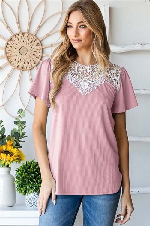 S35-1-1-HM-ET7179-10-DPK - BELL SLEEVE SOLID RIBBED AND LACE CONTRAST TOP- DUSTY PINK 2-2-2