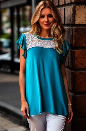 S35-1-1-HM-ET7200S-DKJD - BUTTERFLY SHORT SLEEVE SOLID AND LACE CONTRAST TOP- DARK JADE 2-2-2