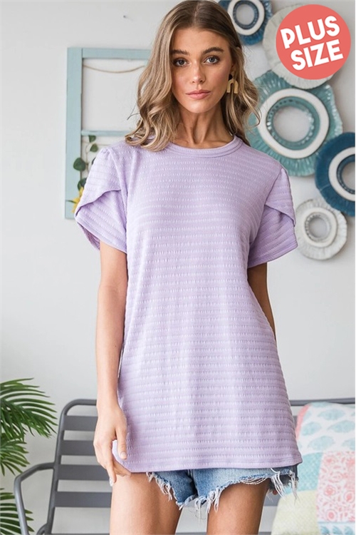 S35-1-1-HM-ET7202-10X-LV - PLUS SIZE TULIP SHORT SLEEVE SHIRRING ROUND NECK TOP- LAVENDER 2-2-2