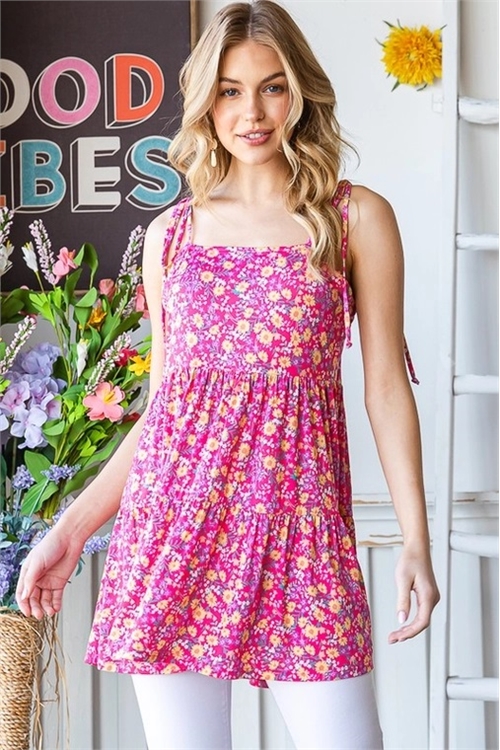 S35-1-1-HM-ET7248-12-FCH - SELF TIE ON SHOULDER FLORAL PRINT TIERED TANK TOP- FUCHSIA 2-2-2