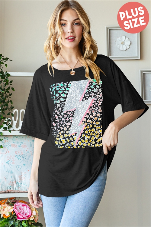 S35-1-1-HM-ET7316-11X-BK - PLUS SIZE SHORT SLEEVE WITH BAND ROUND NECK SOLID TOP WITH ANIMAL AND LIGHTNING PRINT- BLACK 2-2-2