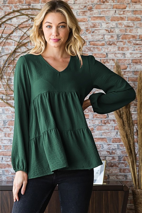 HM-ET7327-10-HTGN-LONG PUFF SLEEVE V NECK SOLID TIERED TOP-HUNTER GREEN-2-2-2