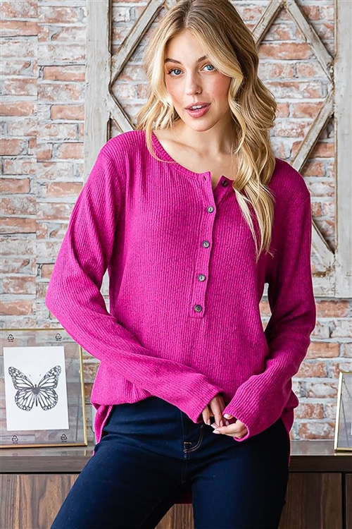 HM-ET7329-10X-FCH2T-PLUS SIZE LONG SLEEVE ROUND NECK SOLID RIBBED TOP WITH FRONT BUTTON -FUCHSIA 2T-2-2-2