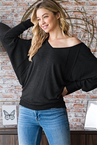 HM-ET7330-10-BK-DOLMAN LONG SLEEVE V NECK SOLID MELANGE KNIT TOP WITH RIBBED BAND DETAIL-BLACK-2-2-2