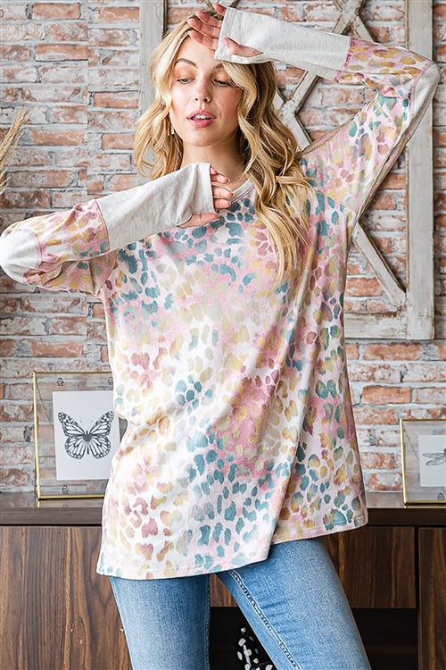 HM-ET7335-10X-MVMLT-PLUS SIZE LONG SLEEVE ROUND NECK ANIMAL PRINT & SOLID CONTRAST TOP W/ ELBOW PATCH-MAUVE MULTI-2-2-2