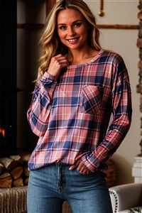 HM-ET7353-10-DSTSLMN-LONG SLEEVE ROUND NECK PLAID PRINT TOP WITH FRONT POCKET AND ROUND HEM DETAIL-DUSTY SALMON-2-2-2