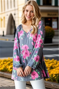 HM-ET7357-12-GYMLT-LONG PUFF SLEEVE V NECK FLORAL PRINT BABYDOLL TOP WITH SHIRRING DETAIL-GREY MULTI-2-2-2