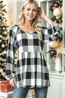 HM-ET7357-15-BKIV-LONG PUFF SLEEVE V NECK PLAID PRINT BABYDOLL TOP WITH SHIRRING DETAIL-BLACK/IVORY-2-2-2