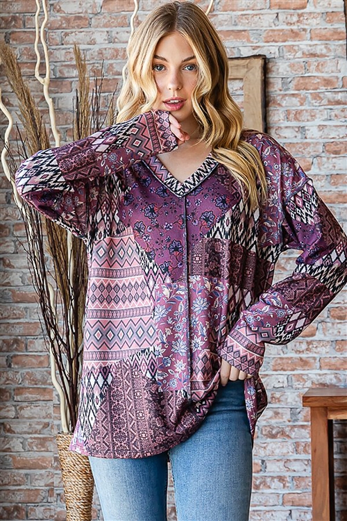 HM-ET7363-11-MARMLT-LONG DOLMAN SLEEVE V NECK MULTI COLOR MULTI PRINT TOP WITH STITCH DETAIL-MARSALA MULTI-2-2-2