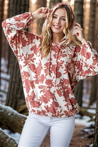 HM-ET7365-11X-CRMRU-PLUS SIZE LONG PUFF SLEEVE DRAWSTRING HOOD FLORAL HOODIE TOP W/ KANGAROO POCKET-CREAM/RUST-2-2-2