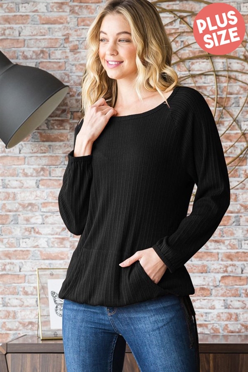 S35-1-1-HM-ET7370-10X-BK - PLUS SIZE LONG PUFF SLEEVE TOP WITH FRONT KANGAROO POCKET- BLACK 2-2-2