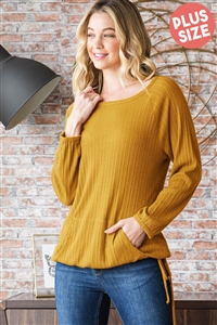 S35-1-1-HM-ET7370-10X-MU - PLUS SIZE LONG PUFF SLEEVE TOP WITH FRONT KANGAROO POCKET- MUSTARD 2-2-2