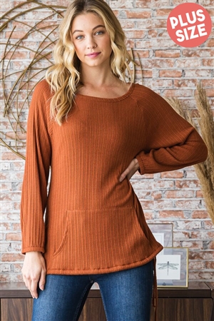 S35-1-1-HM-ET7370-10X-RU - PLUS SIZE LONG PUFF SLEEVE TOP WITH FRONT KANGAROO POCKET- RUST 2-2-2