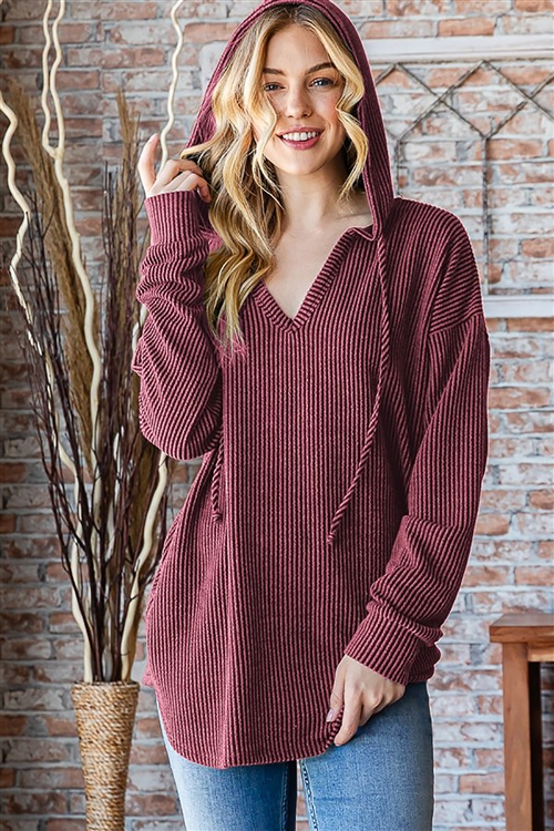 HM-ET7376-18X-BU-PLUS SIZE LONG SLEEVE V NECK DRAWSTRING HOOD SOLID URBAN RIBBED HOODIE TOP-BURGUNDY-2-2-2